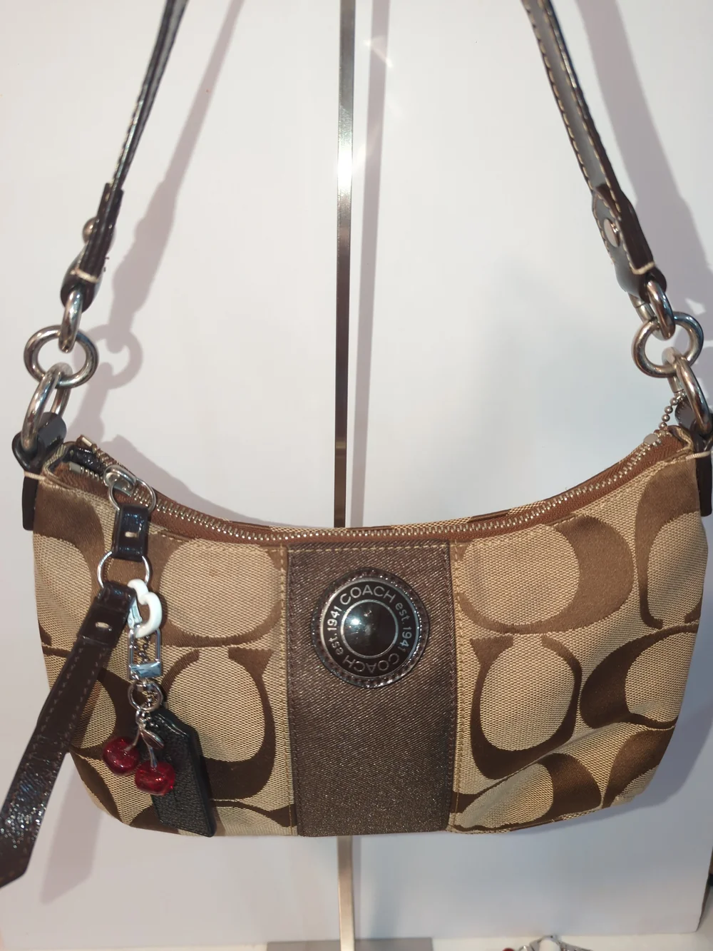 Coach Black Leather Metallic Gunmetal Leather Hangtag + Red Cherry Charm Heart